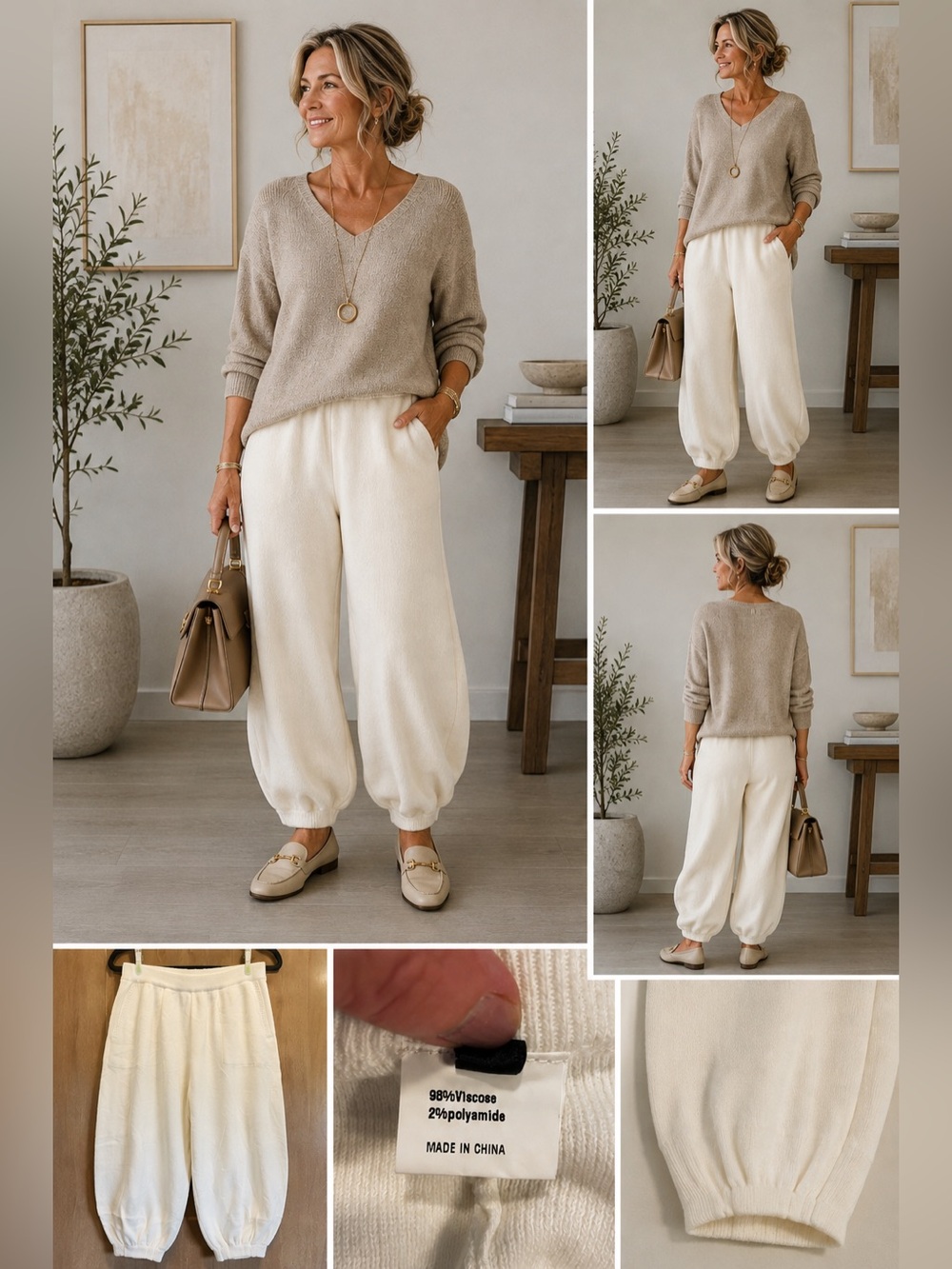 Cream Knit Barrel Pants M Pull On Tapered Ankle Pockets Lagenlook